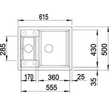 Tekening van een spoelbak met afmetingen