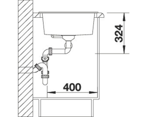 Technische tekening van een gootsteen met de afmetingen 324 en 400.