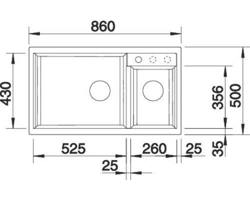 Schets van een gootsteen met de afmetingen 860 x 430 millimeter