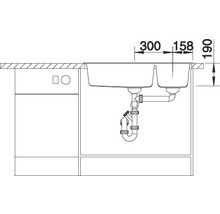 Tekening van een gootsteen met de afmetingen 300, 158 en 190 millimeter.