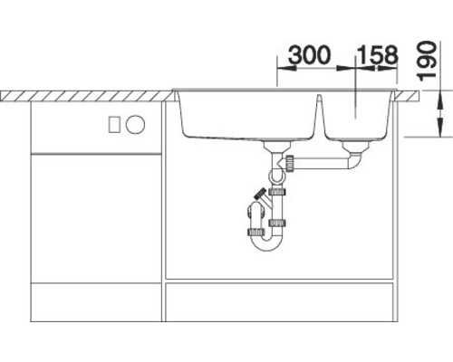 Tekening van een gootsteen met de afmetingen 300, 158 en 190 millimeter.
