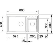 Technische tekening van een spoelbak met afmetingen