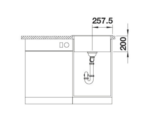 Tekening van een spoelbak met maatvoering