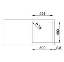 Technische tekening van een spoelbak met maataanduidingen