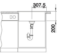 Technische tekening van een gootsteen met de afmetingen 307,5 en 200