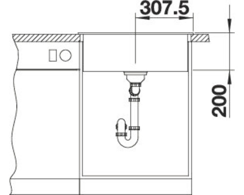 Technische tekening van een gootsteen met de afmetingen 307,5 en 200