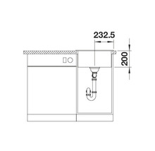 Technische tekening van een spoelbak met afmetingen