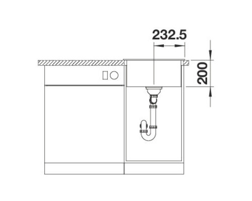 Technische tekening van een spoelbak met afmetingen