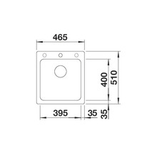 Technische tekening van een spoelbak met maatvoering