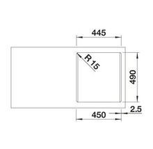Technische tekening van een spoelbak met afmetingen