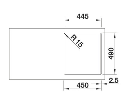 Technische tekening van een spoelbak met afmetingen