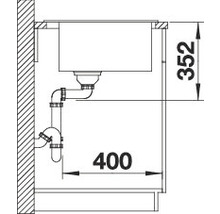 Technische tekening van een spoelbak met de afmetingen 400 bij 352 millimeter