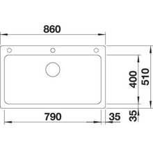 Tekening van een spoelbak met afmetingen.