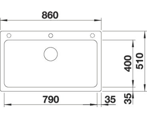 Tekening van een spoelbak met afmetingen.