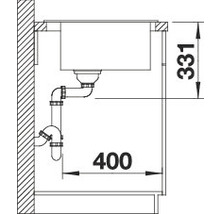Technische tekening van een spoelbak met afmetingen 331 en 400