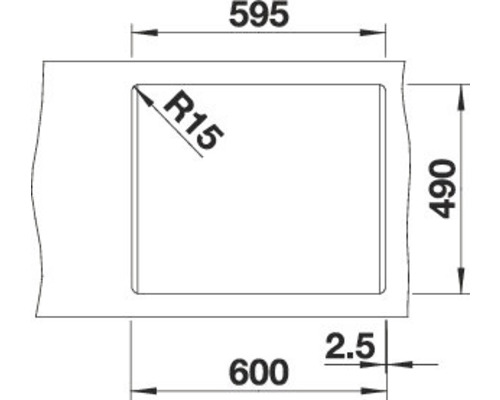 Technische tekening van een gootsteen met afmetingen