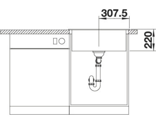Schets van een spoelbak met de afmetingen 307,5 en 220