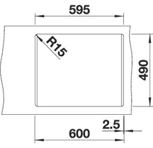 Technische tekening van een spoelbak met maatvoering.