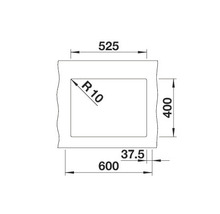 Technische tekening van een rechthoekige wastafel met afmetingen