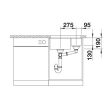 Technische tekening van een spoelbak met afmetingen