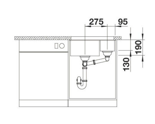 Technische tekening van een spoelbak met afmetingen