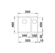 Technische tekening van een spoelbak met afmetingen