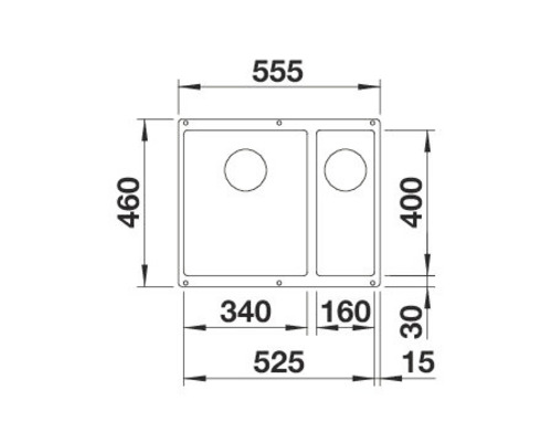 Technische tekening van een spoelbak met afmetingen