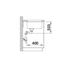 Technische tekening van een spoelbak met de afmetingen 333 en 400