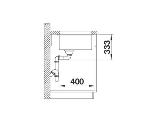 Technische tekening van een spoelbak met de afmetingen 333 en 400
