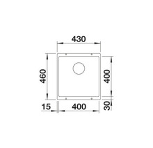 Technische tekening van een spoelbak met maatvoering