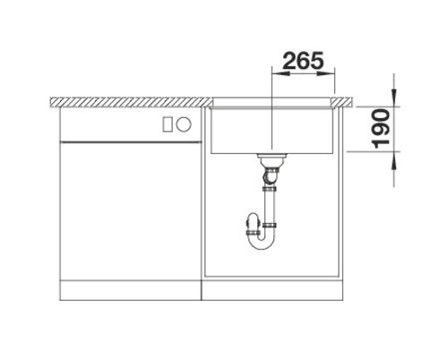 Schets van een spoelbak met afmetingen