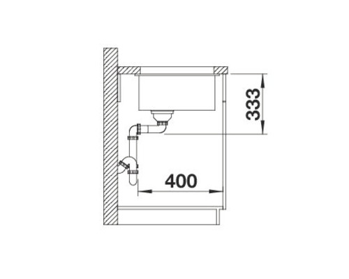 Technische tekening van een spoelbak met de afmetingen 333 en 400.