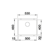 Technische tekening van een spoelbak met afmetingen