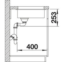 Technische tekening van een gootsteen met afvoer en maataanduidingen