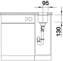 Schematische tekening van een gootsteen met sifon en maatvoering