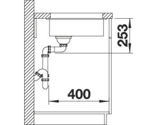Technische tekening van een gootsteen met afmetingen