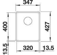 Technische tekening van een spoelbak met afmetingen