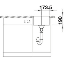 Schets van een gootsteen met afmetingen van 173,5 en 190 millimeter.