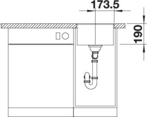 Schets van een gootsteen met afmetingen van 173,5 en 190 millimeter.