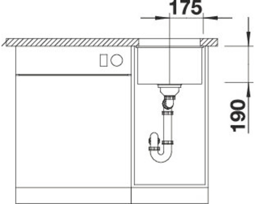 Technische tekening van een spoelbak met afmetingen 175 en 190.
