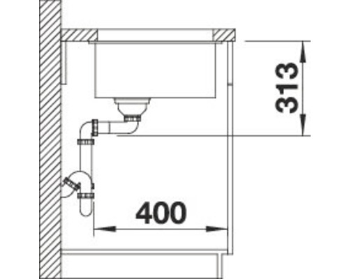 Schets van een gootsteen met afmetingen