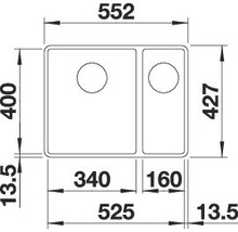 Technische tekening van een spoelbak met aan de linkerkant een wasbak en aan de rechterkant een afdruiprek, afmetingen in millimeters.