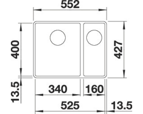 Technische tekening van een spoelbak met aan de linkerkant een wasbak en aan de rechterkant een afdruiprek, afmetingen in millimeters.