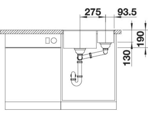 Technische tekening van een spoelbak met afmetingen.