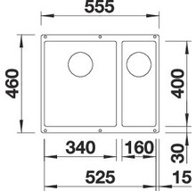 Technische tekening van een spoelbak met afmetingen