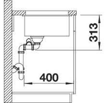 Schema van een gootsteen met afmetingen.