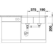 Technische tekening van een aanrechtspoelbak met de afmetingen 375 mm, 190 mm en 200 mm.