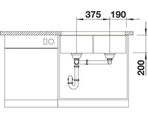Technische tekening van een aanrechtspoelbak met de afmetingen 375 mm, 190 mm en 200 mm.