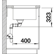 Tekening van een spoelbak met afmetingen 400 en 323