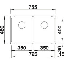 Technische tekening van een dubbele spoelbak met afmetingen